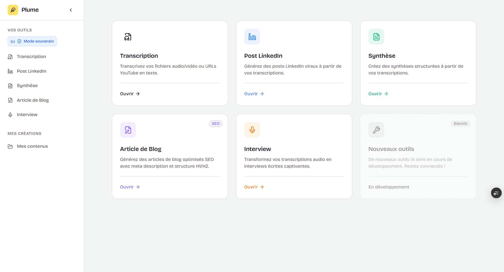 Interface Plume - Dashboard avec les outils de création de contenu